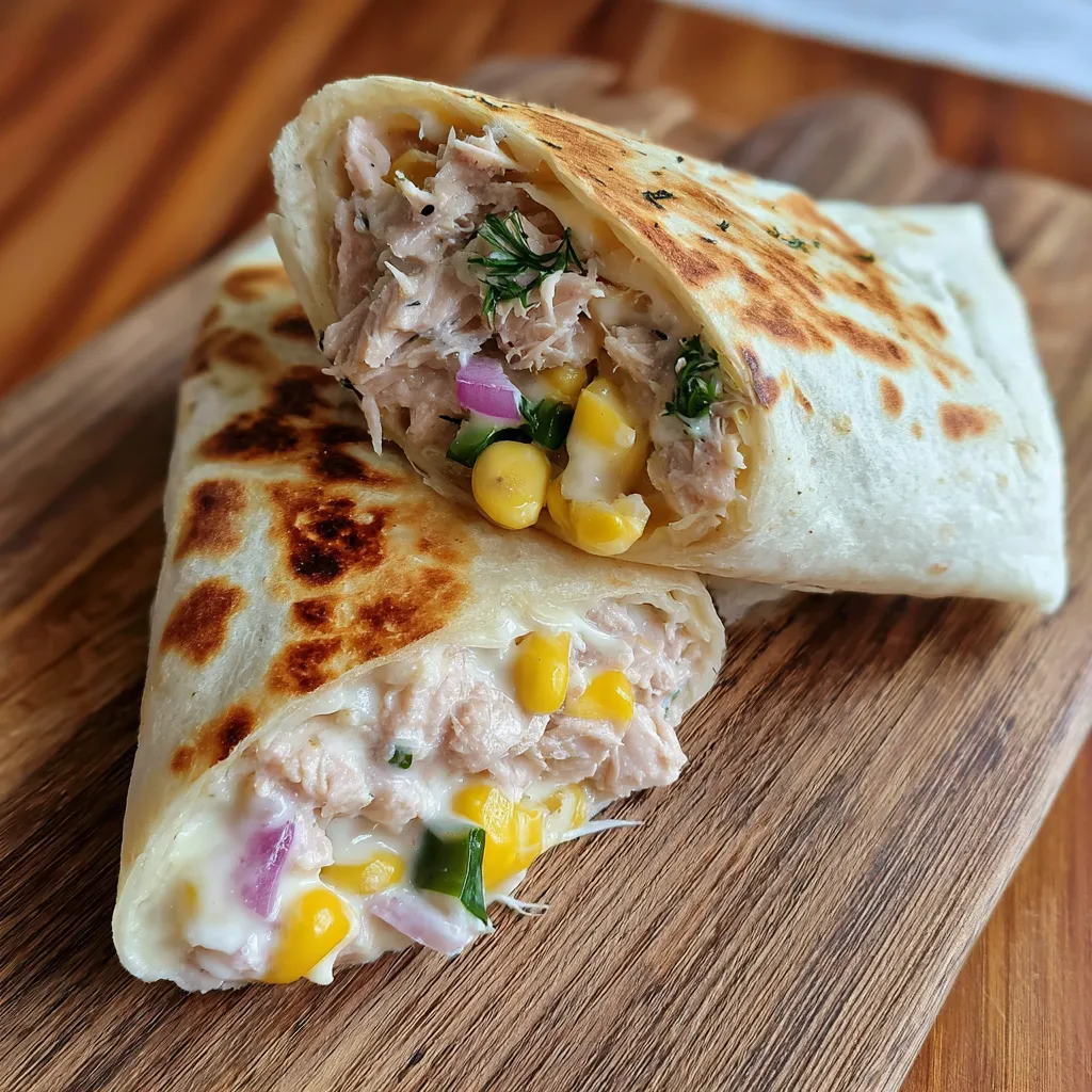 A tuna melt wrap on a wooden table.