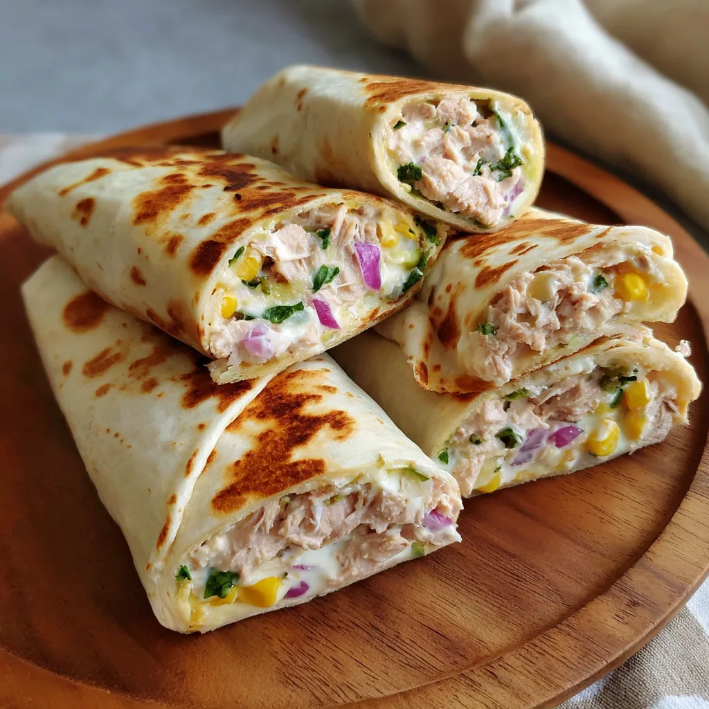 A tuna melt wrap is stacked on a wooden board.