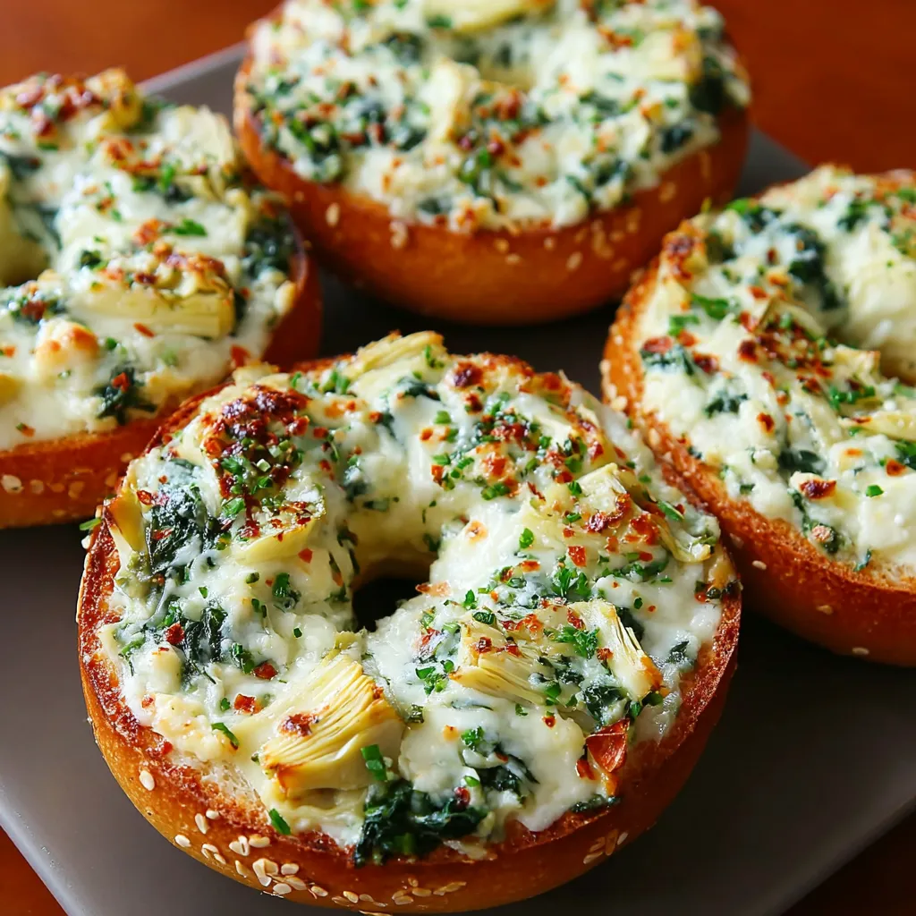 Four bagels with spinach and artichoke toppings.