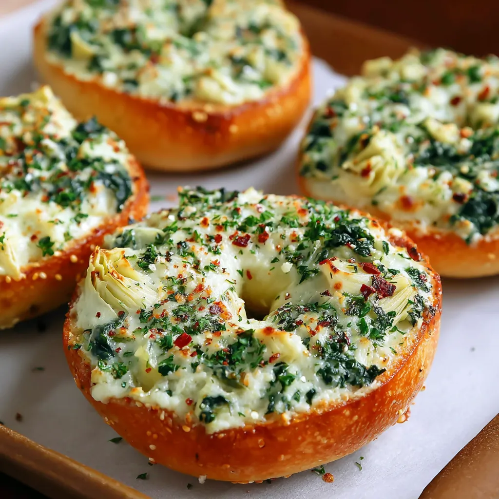 Four cheesy spinach-artichoke bagels on a tray.
