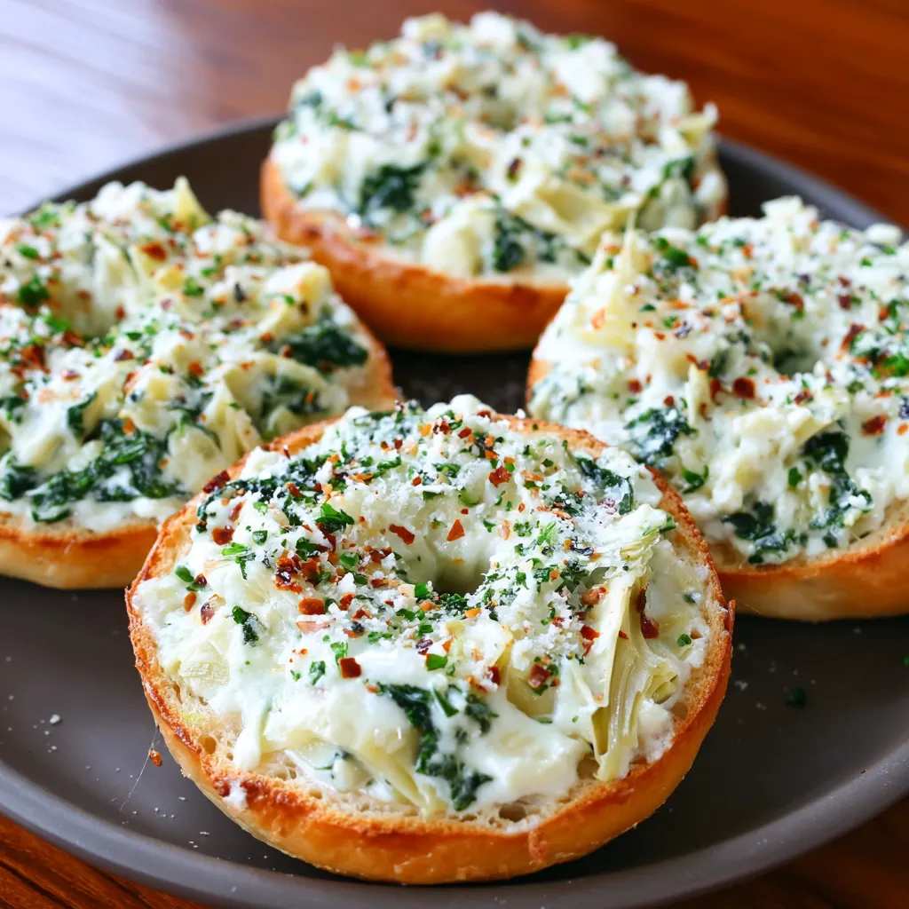 Four cheesy spinach-artichoke bagels on a plate.