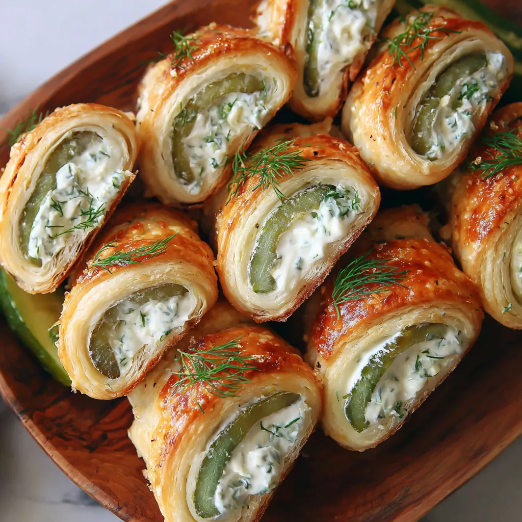 A wooden platter with creamy pickle roll ups.