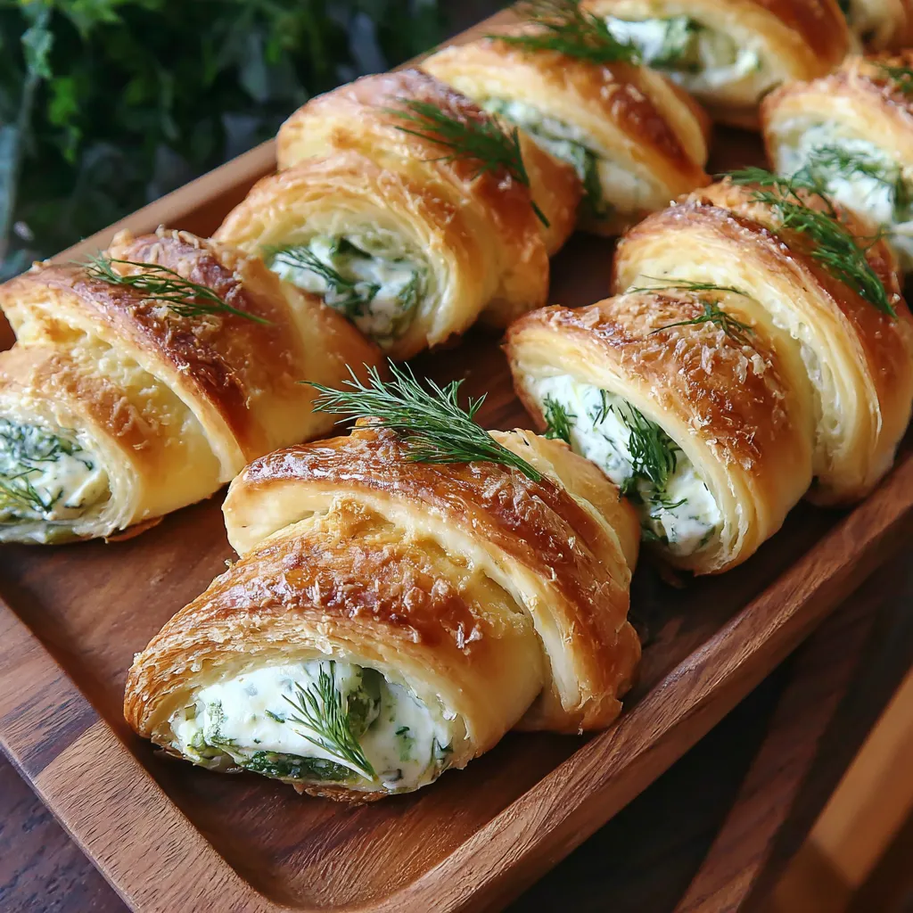 A wooden platter with a variety of creamy pickle roll ups.