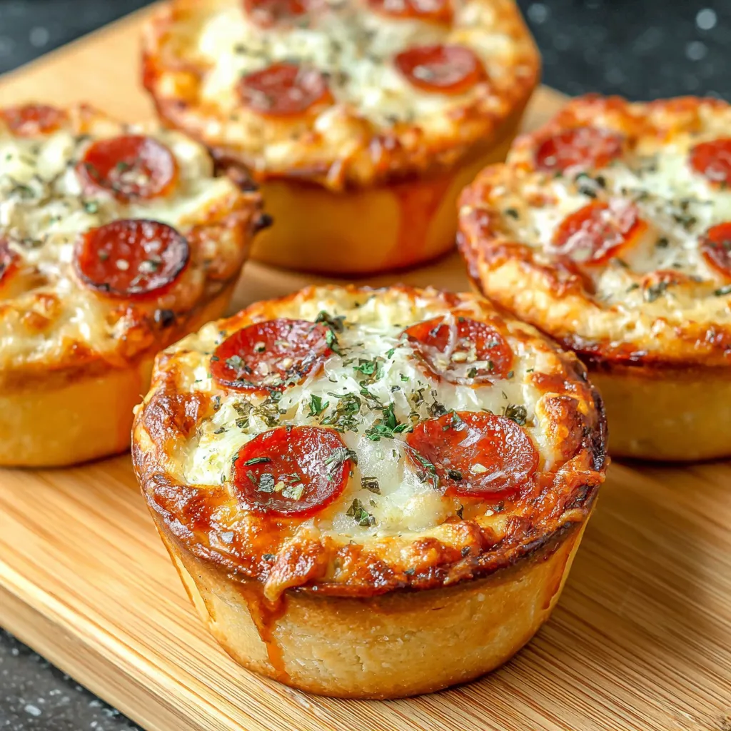 Four mini pizzas on a wooden board.