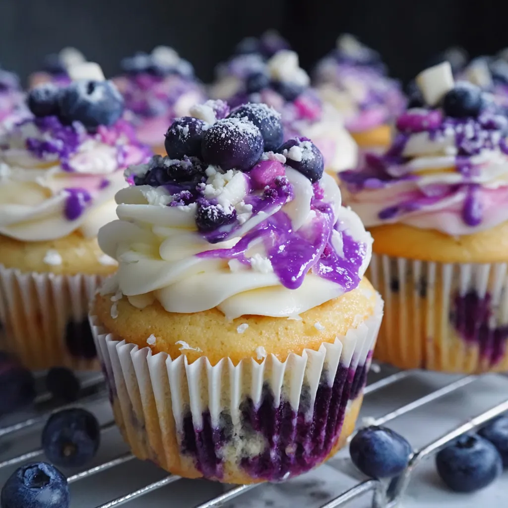 A cupcake with white frosting and blueberries on top.