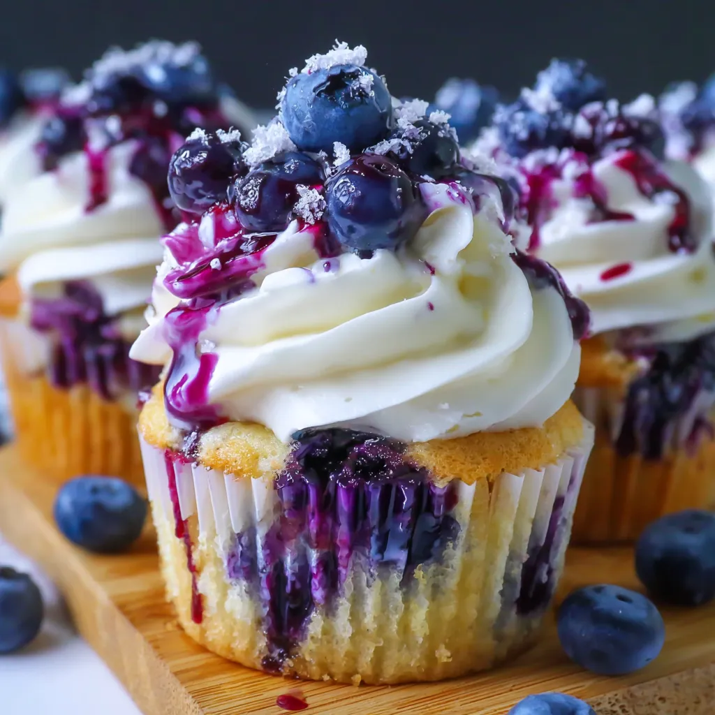 A cupcake with blueberries and white frosting.