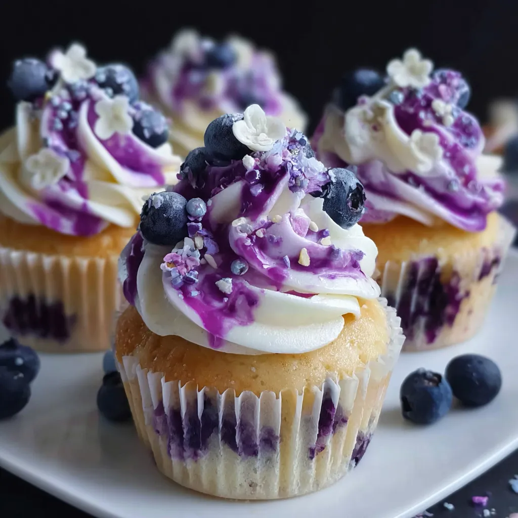 White chocolate blueberry cupcakes with blueberries on top.