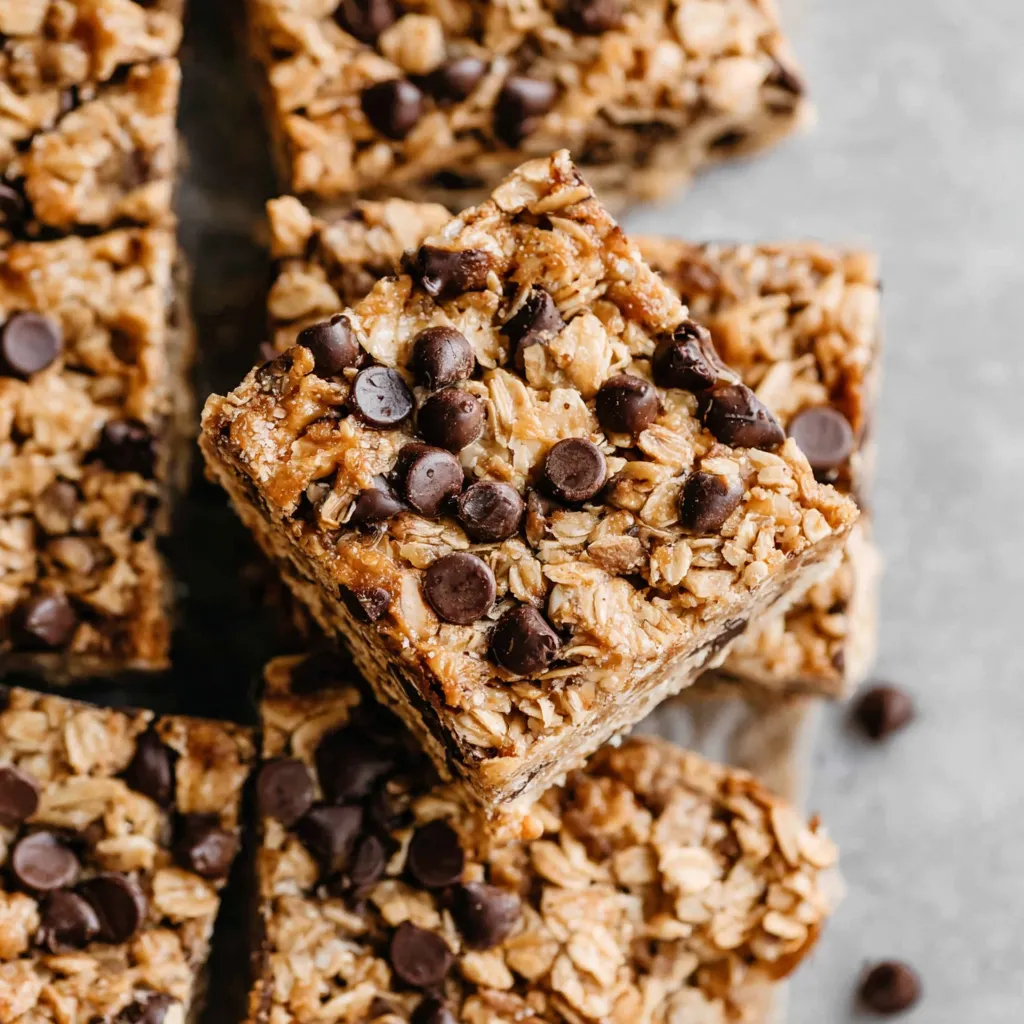 A close up of a granola bar with chocolate chips.