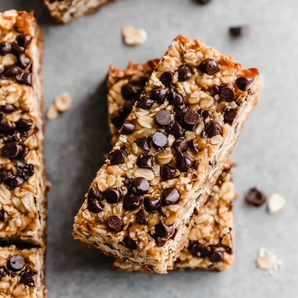 A close up of a granola bar with chocolate chips.