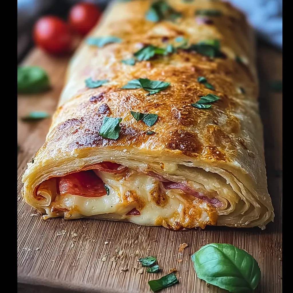 A close up of a homemade stromboli with tomatoes and cheese.
