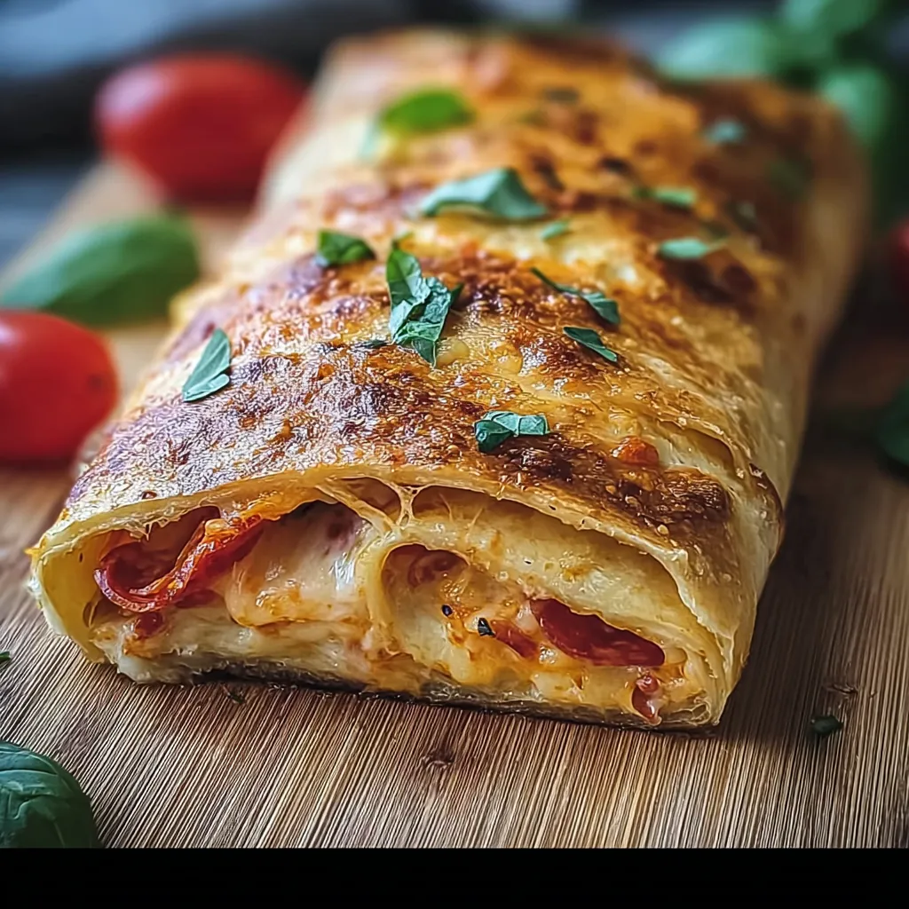 A homemade stromboli with tomatoes and basil.