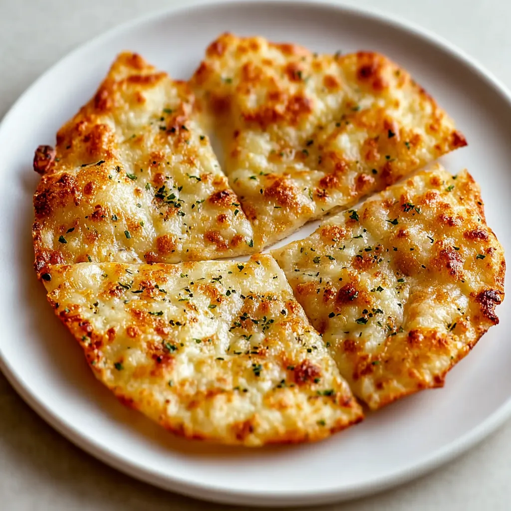 A slice of garlic bread with cheese and herbs.