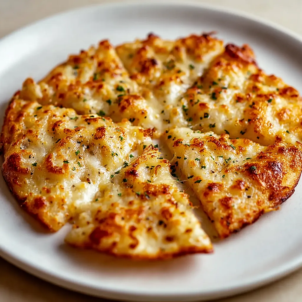 A plate of garlic bread with cheese and herbs.