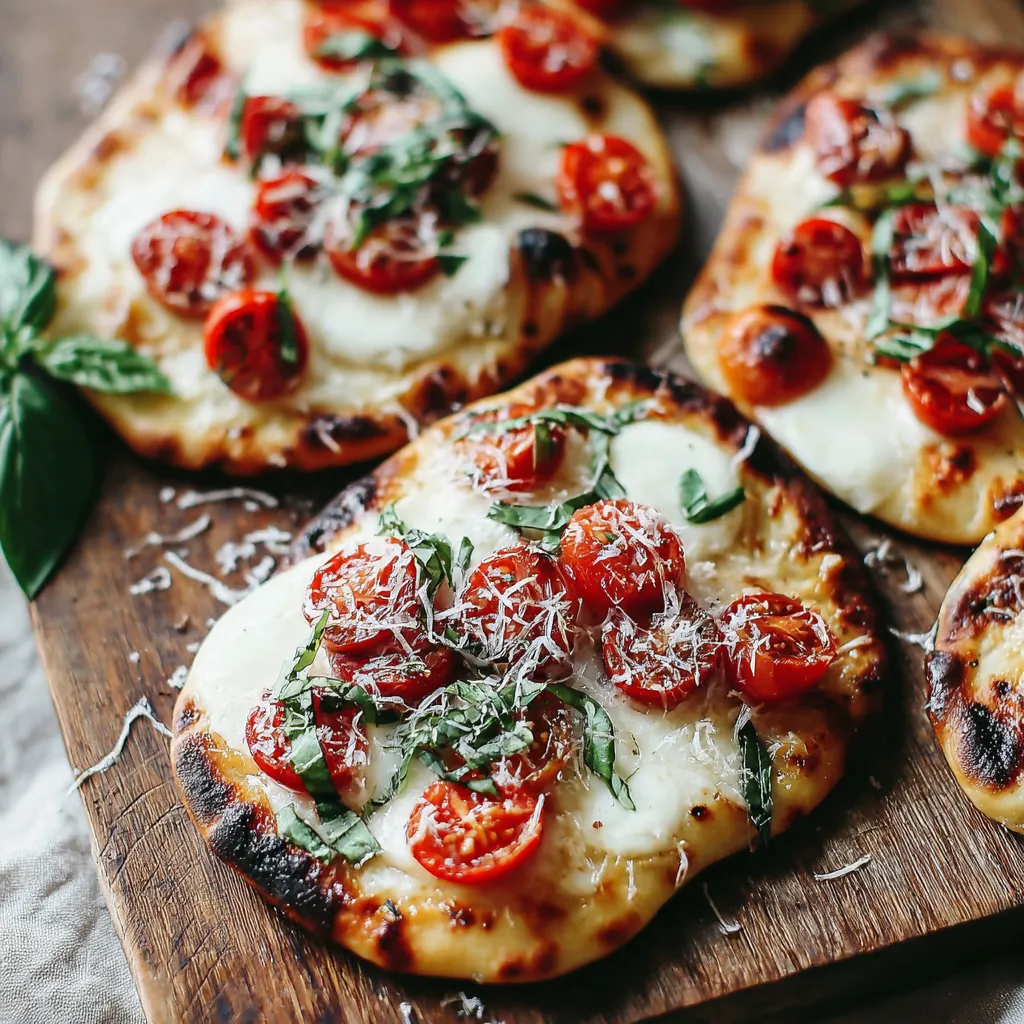 A pizza with tomatoes and cheese on a wooden board.