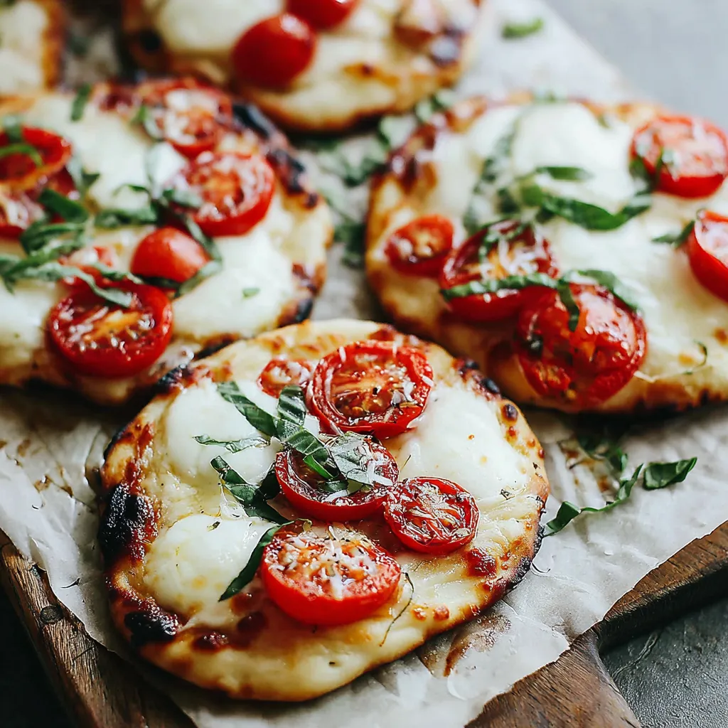 A pizza with tomatoes and cheese on a wooden board.