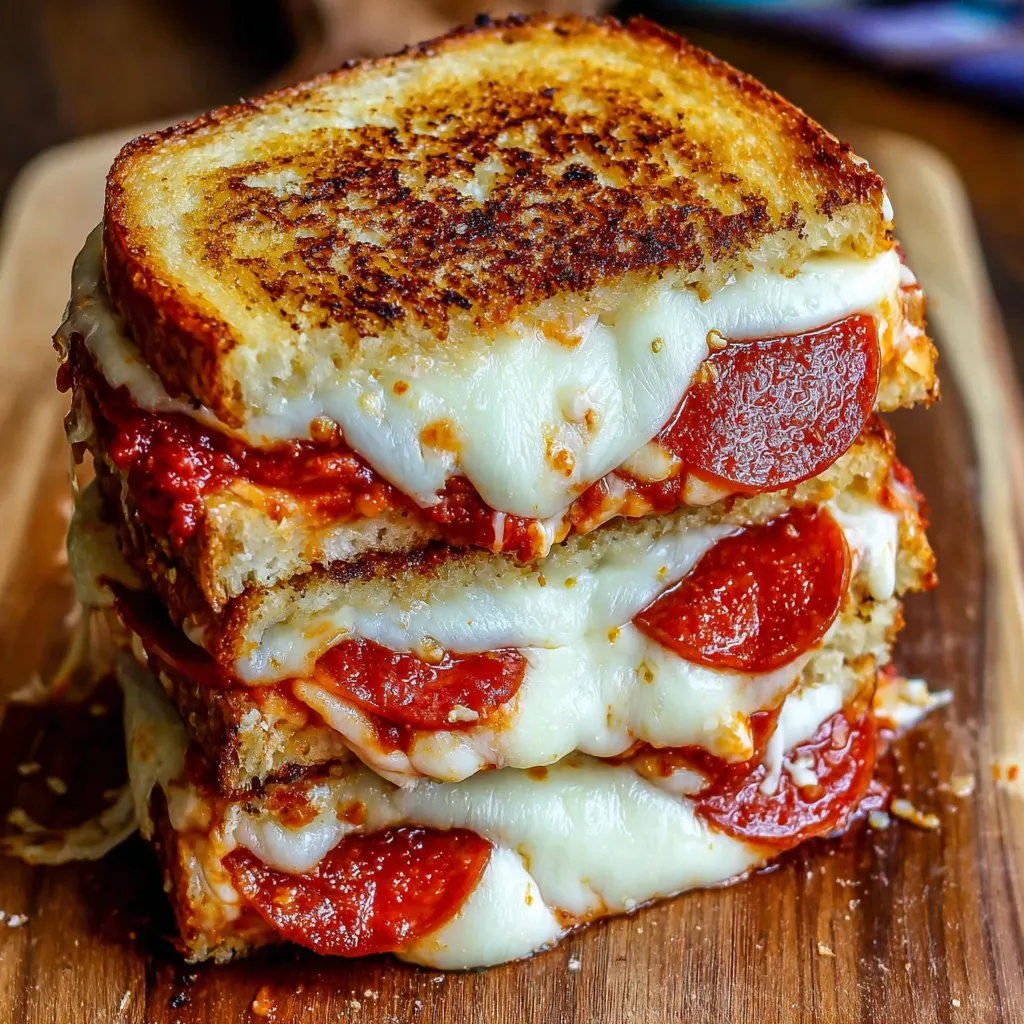A stack of grilled cheese sandwiches with pepperoni.