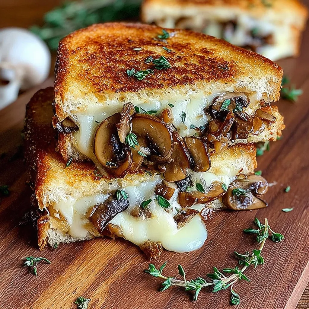 A grilled cheese sandwich with mushrooms on top.