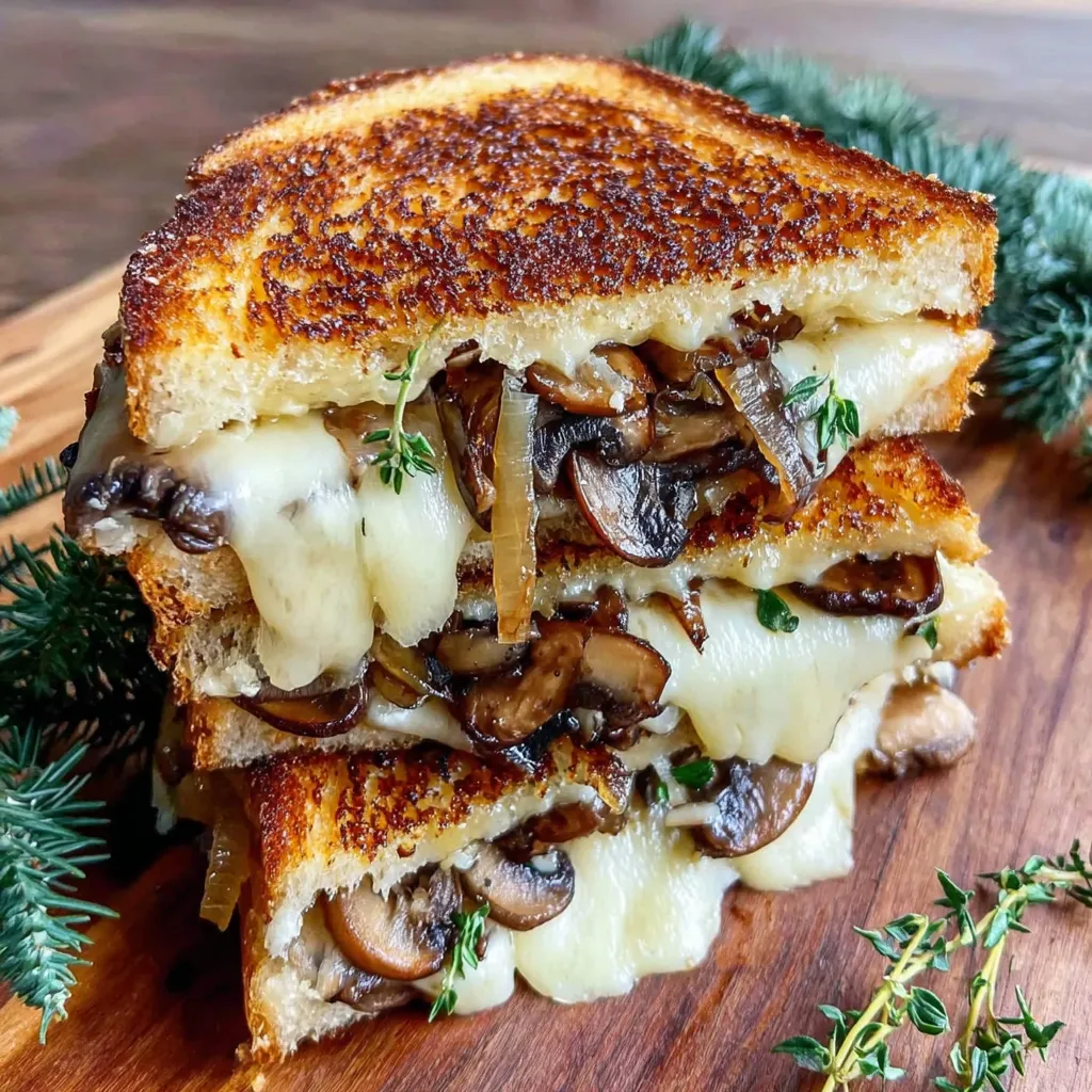 A grilled cheese sandwich with mushrooms on top.