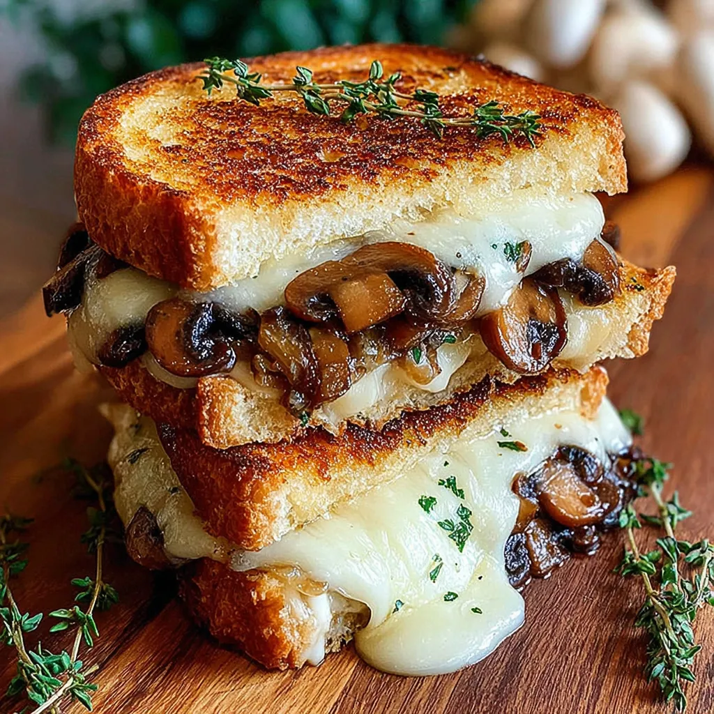 A stack of grilled cheese sandwiches with mushrooms.