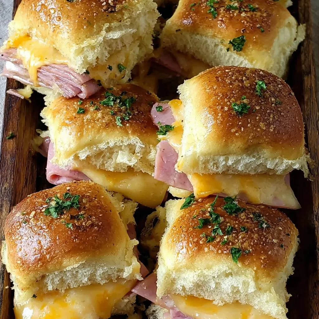 A plate of ham and cheese sandwiches.