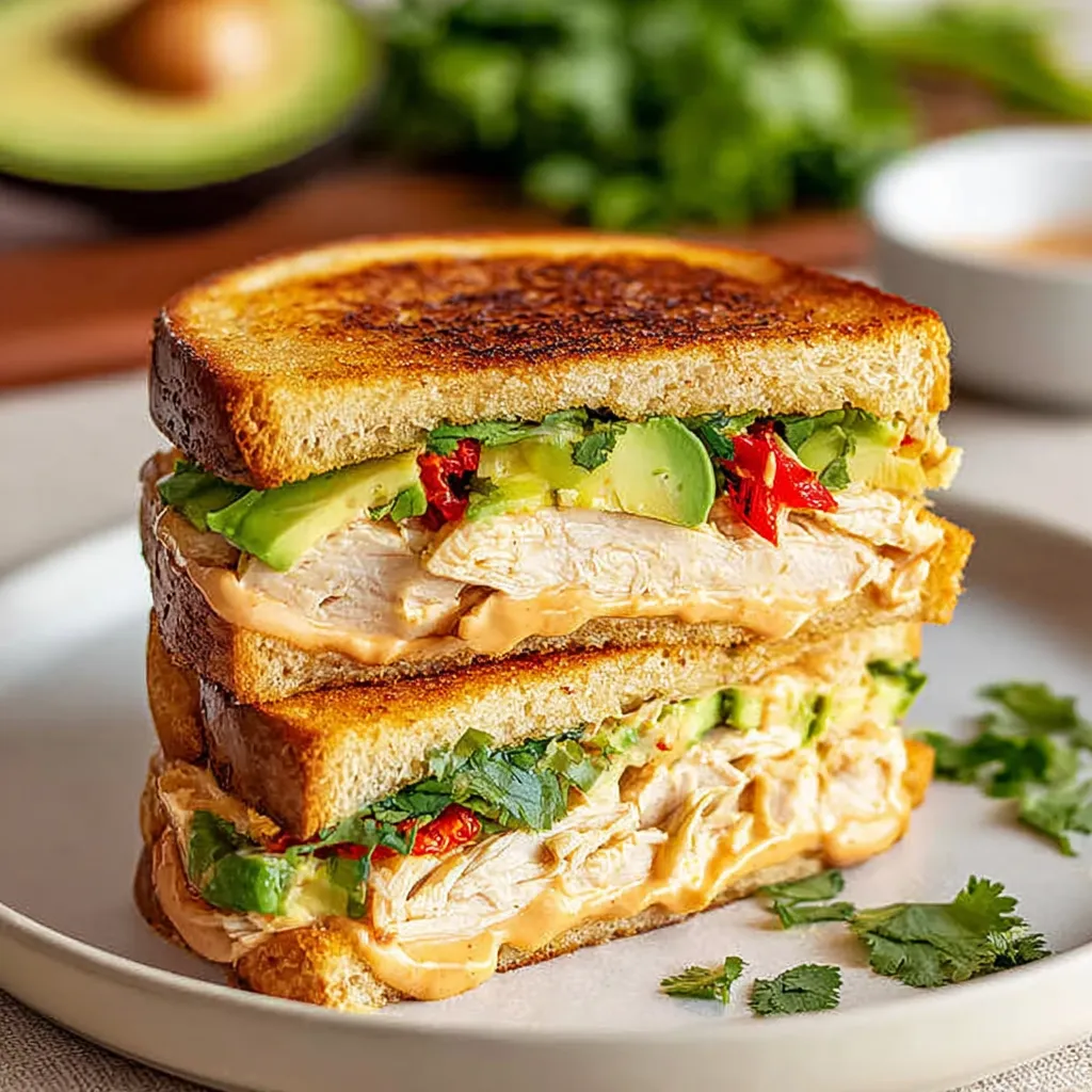 A sandwich with chicken, avocado, and chipotle sauce.