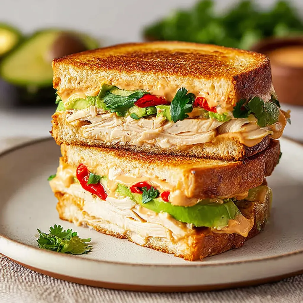 A sandwich with chicken, avocado, and chipotle sauce.