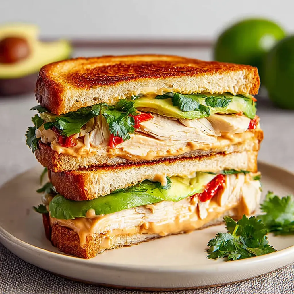 A sandwich with chicken, avocado, and chipotle sauce.