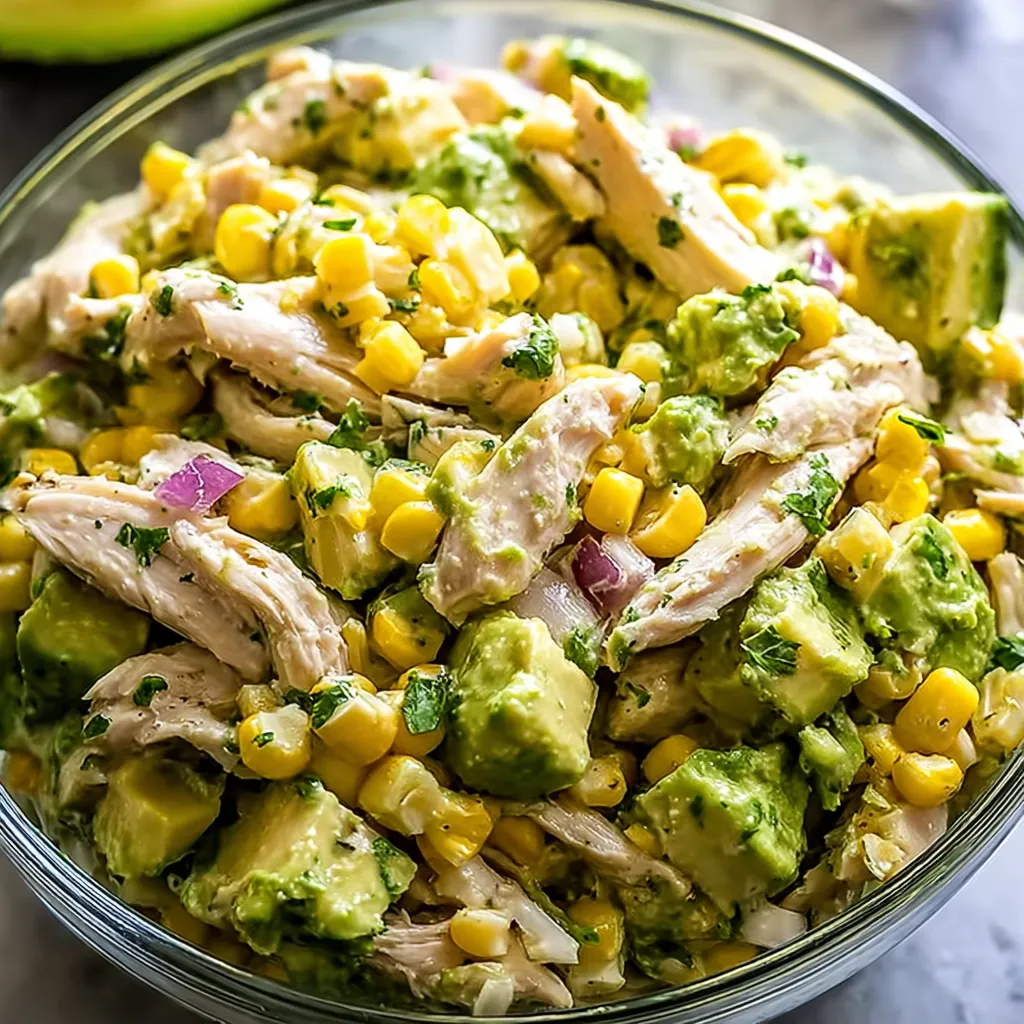 A bowl of chicken salad with avocado.