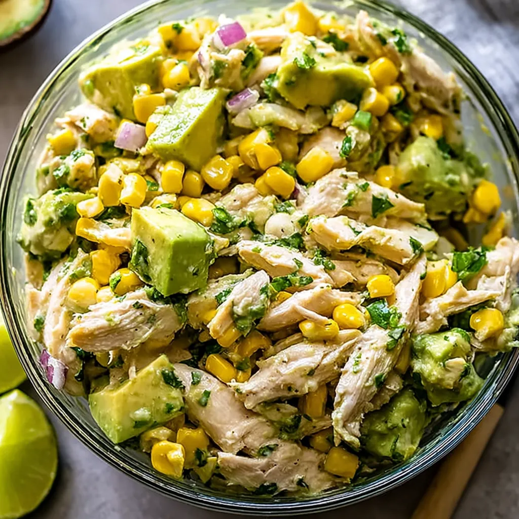 A bowl of chicken salad with avocado.