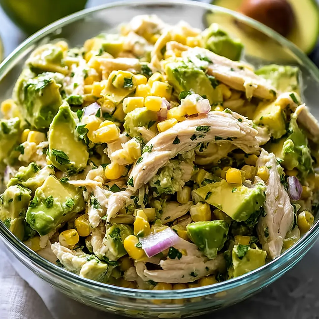 A bowl of chicken salad with avocado.