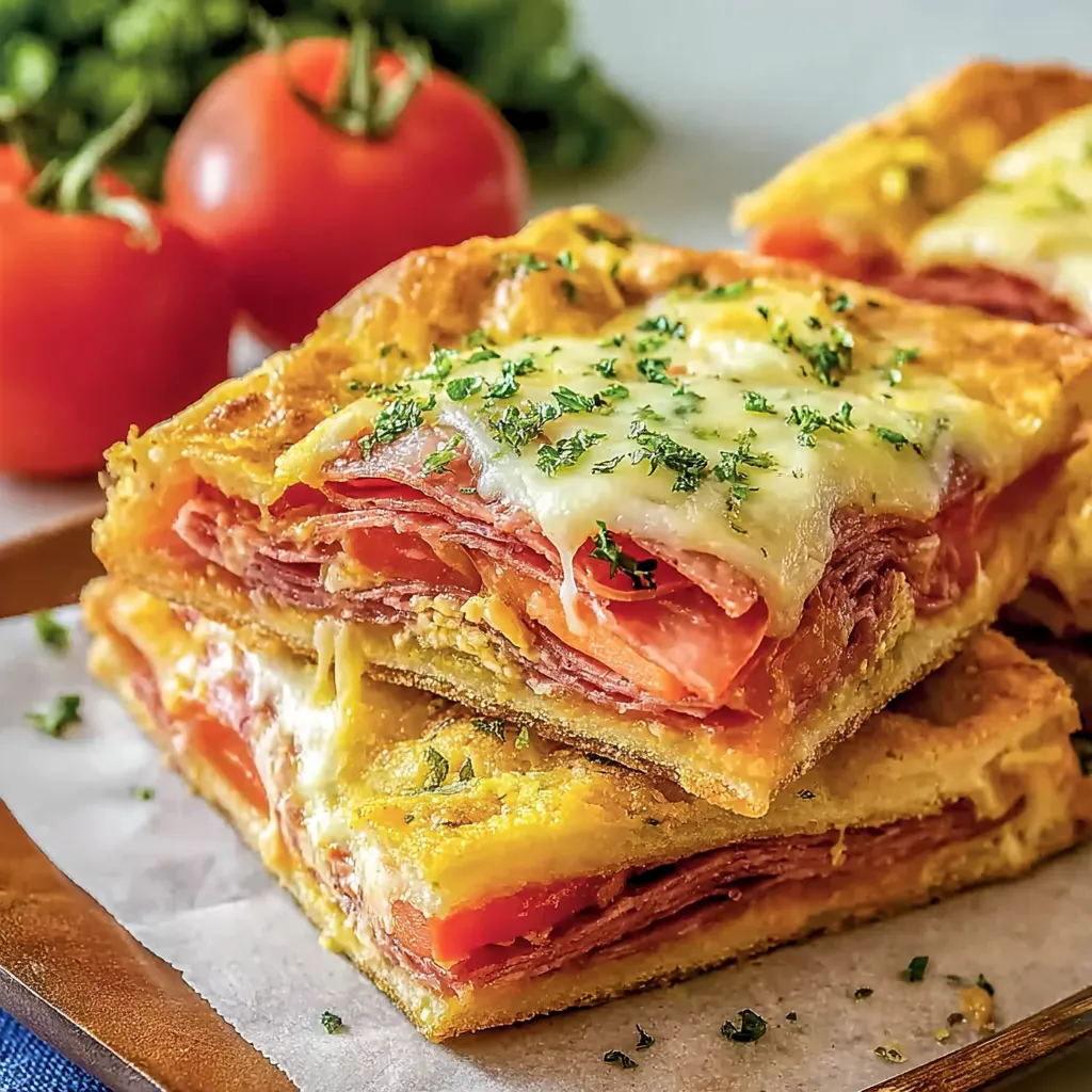 Italian sub squares with cheese and tomatoes.