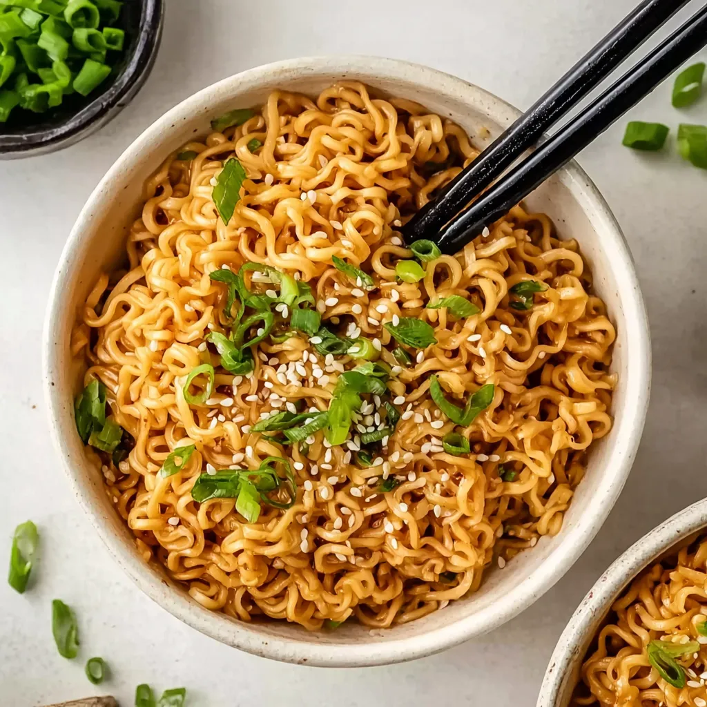 A bowl of Sesame Garlic Ramen Noodles.