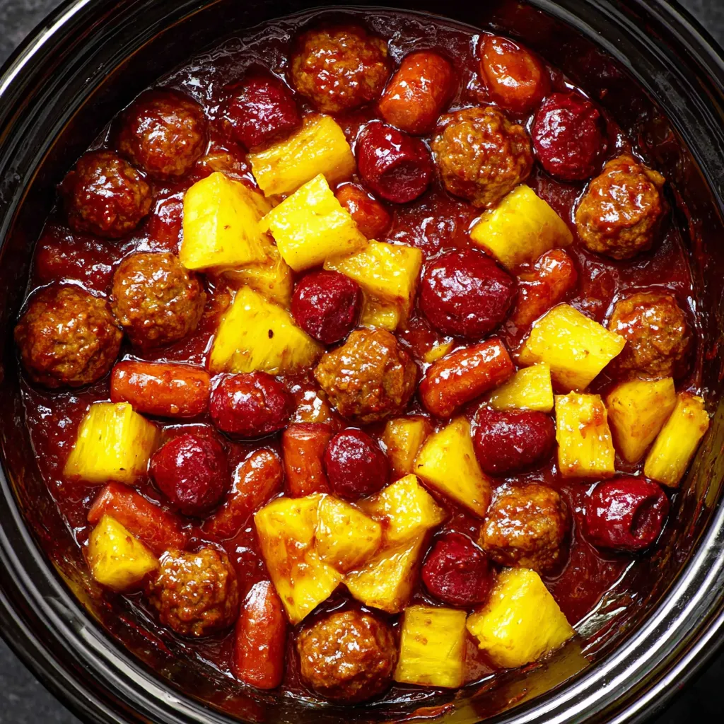 Slow cooker meatball pineapple smokies.