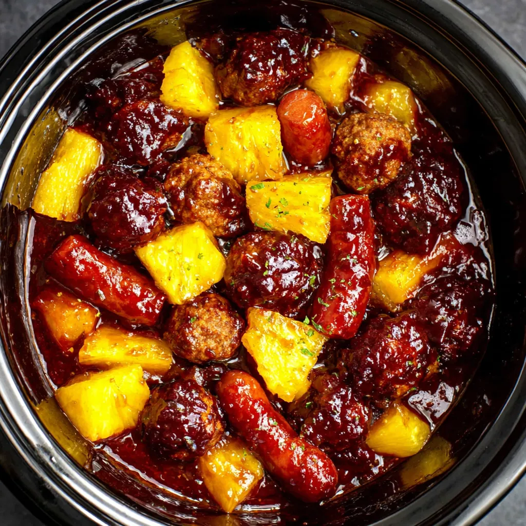 A bowl of slow cooker meatball pineapple smokies.