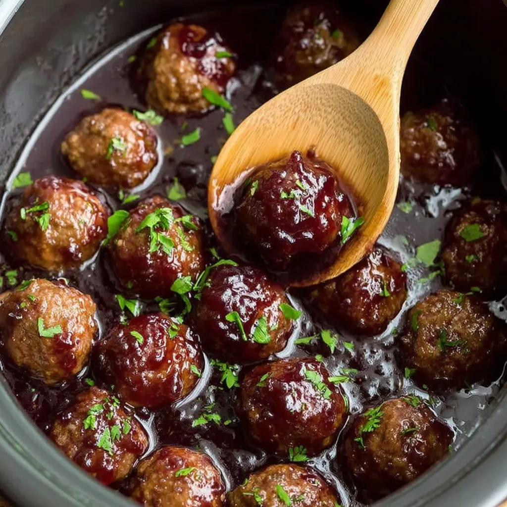 A wooden spoon is in a bowl of sweet and spicy meatballs.