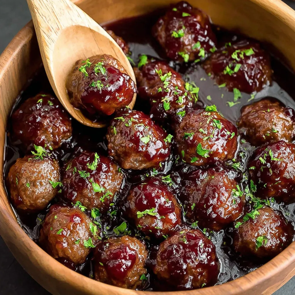 A bowl of meatballs with a wooden spoon in it.