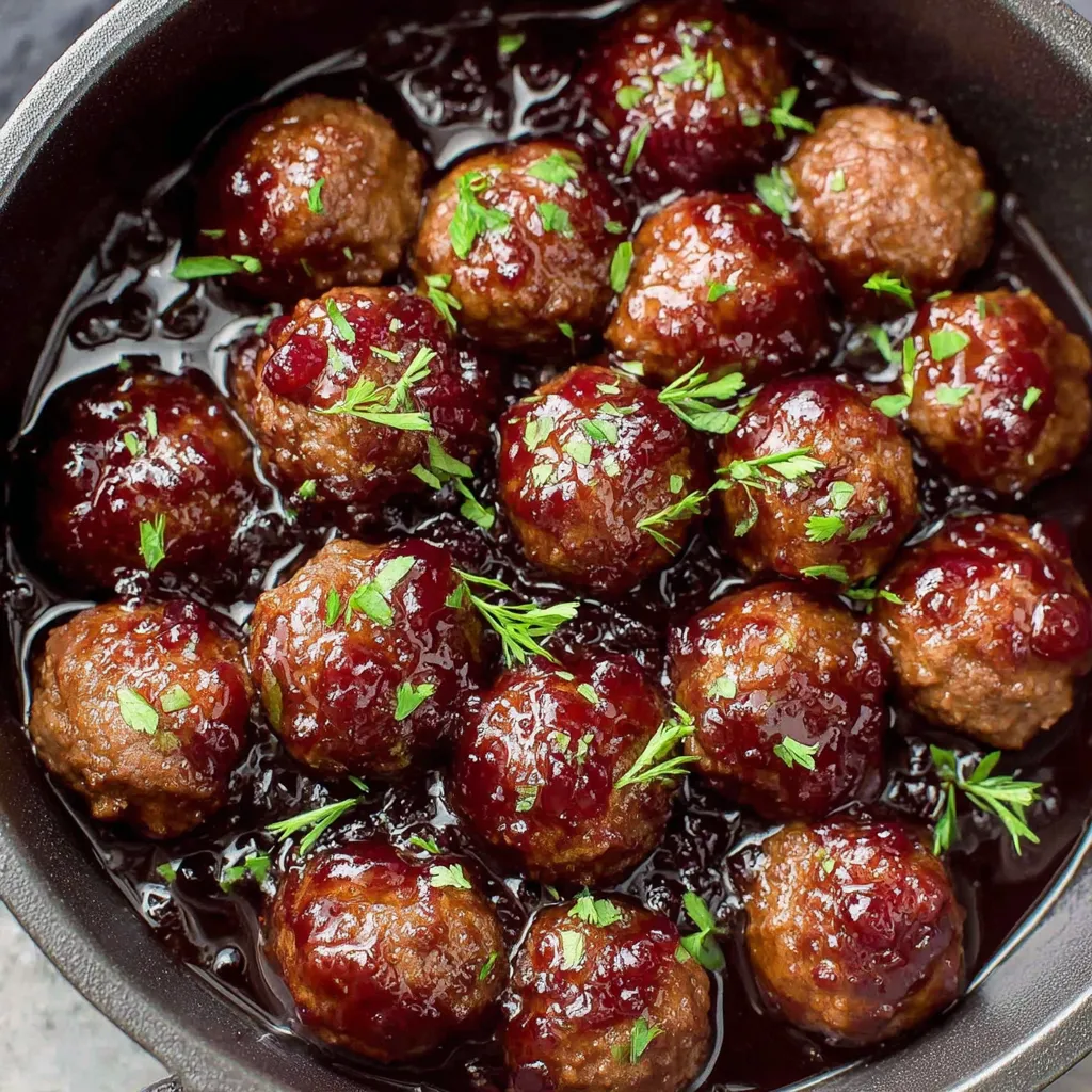 A pan of sweet and spicy grape meatballs.