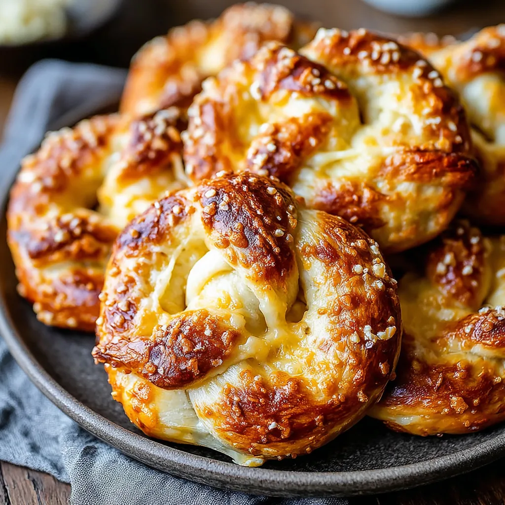 A plate of cheesy homemade soft pretzels.
