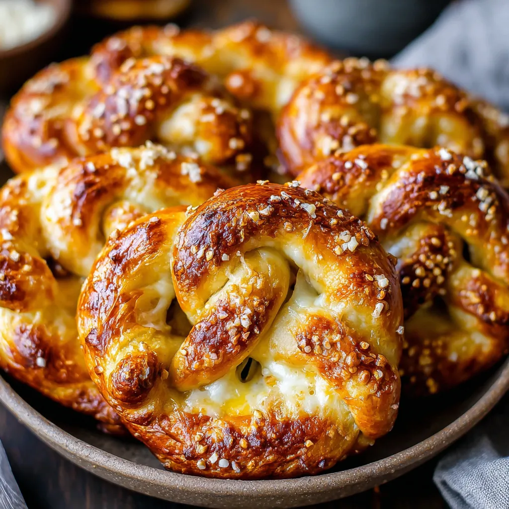 A plate of cheesy homemade soft pretzels.
