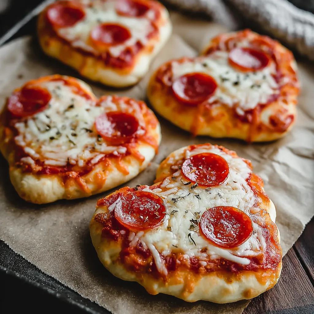 Four mini heart pizzas with pepperoni and cheese.