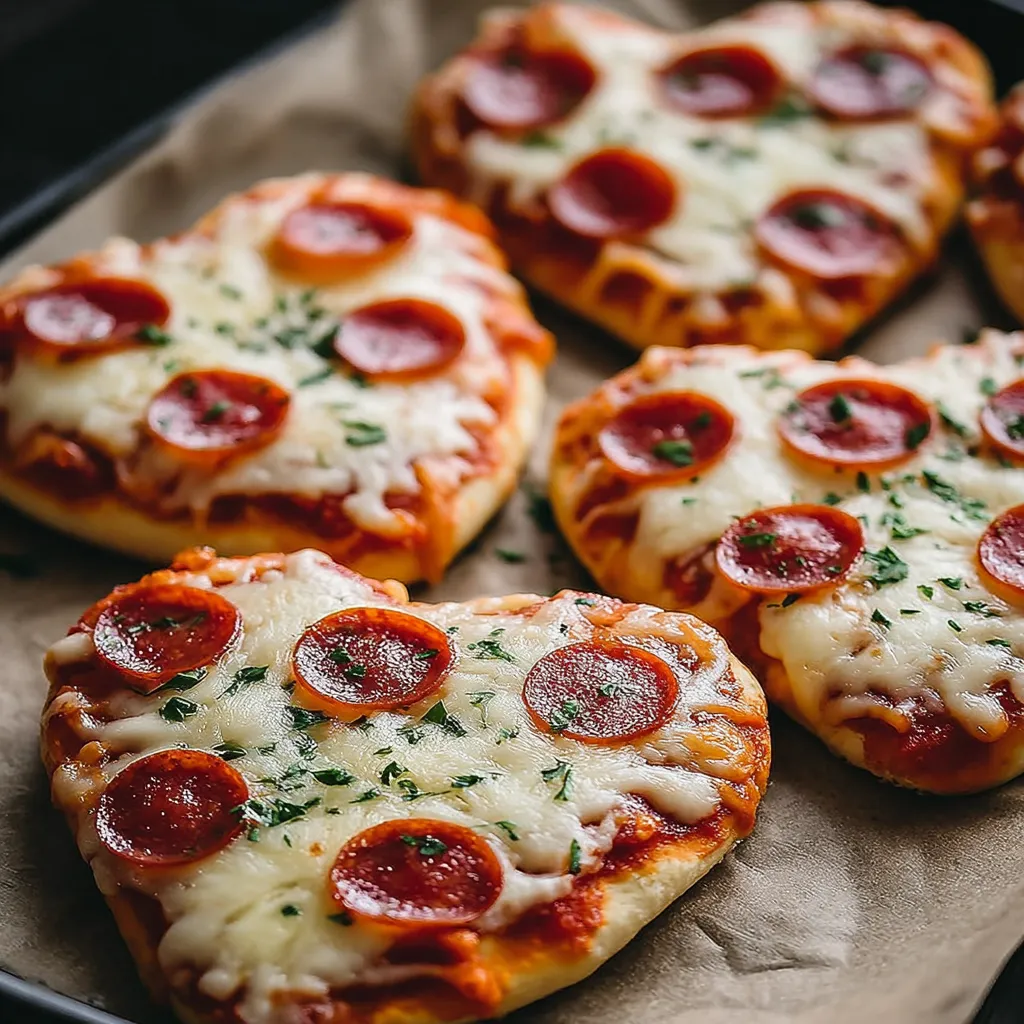 Mini heart pizzas on a tray.