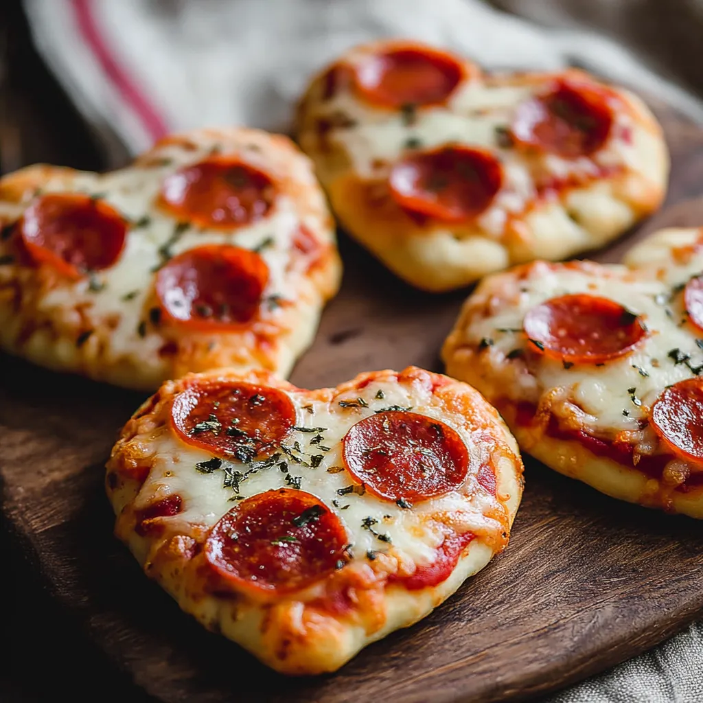 Four mini heart pizzas on a wooden board.