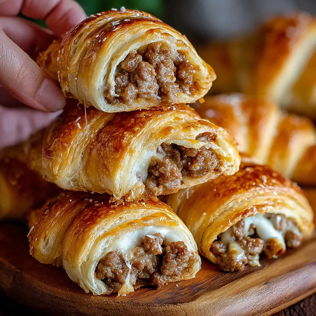 Sausage and cream cheese crescents on a wooden platter.
