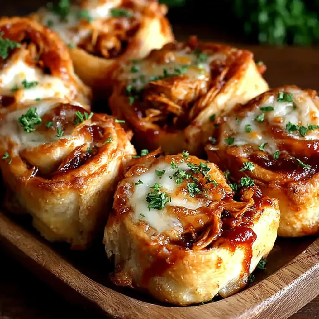 A plate of BBQ chicken roll-ups.