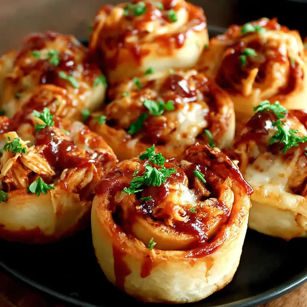 A plate of BBQ chicken roll-ups.