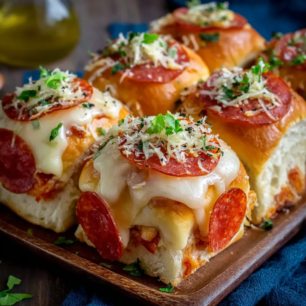 A plate of cheesy pepperoni sliders.