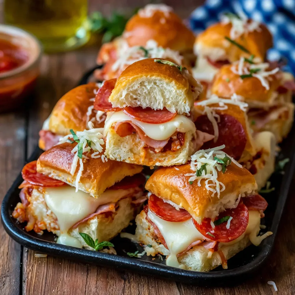A tray of cheesy pizza sliders.