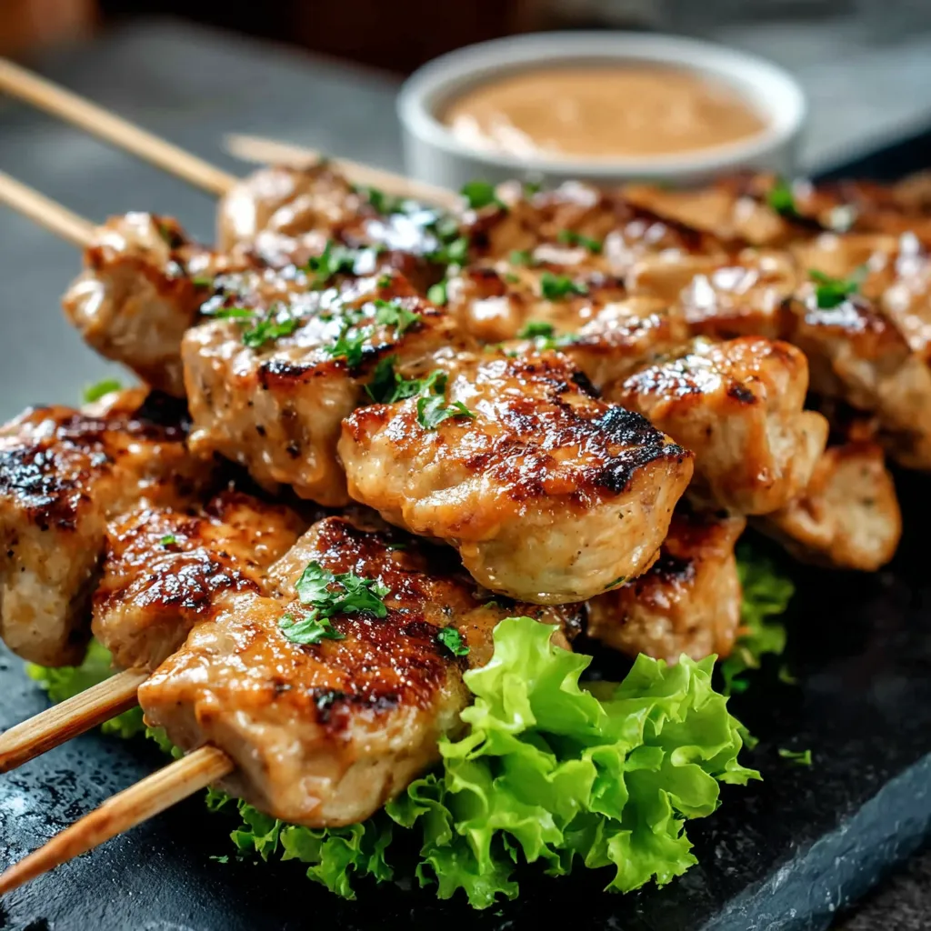 A plate of bang bang chicken skewers.