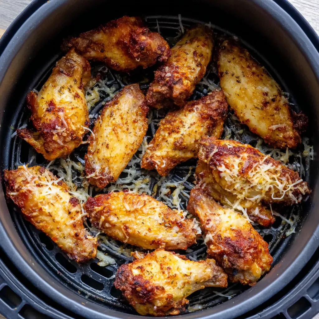 A tray of garlic parmesan wings in an air fryer.