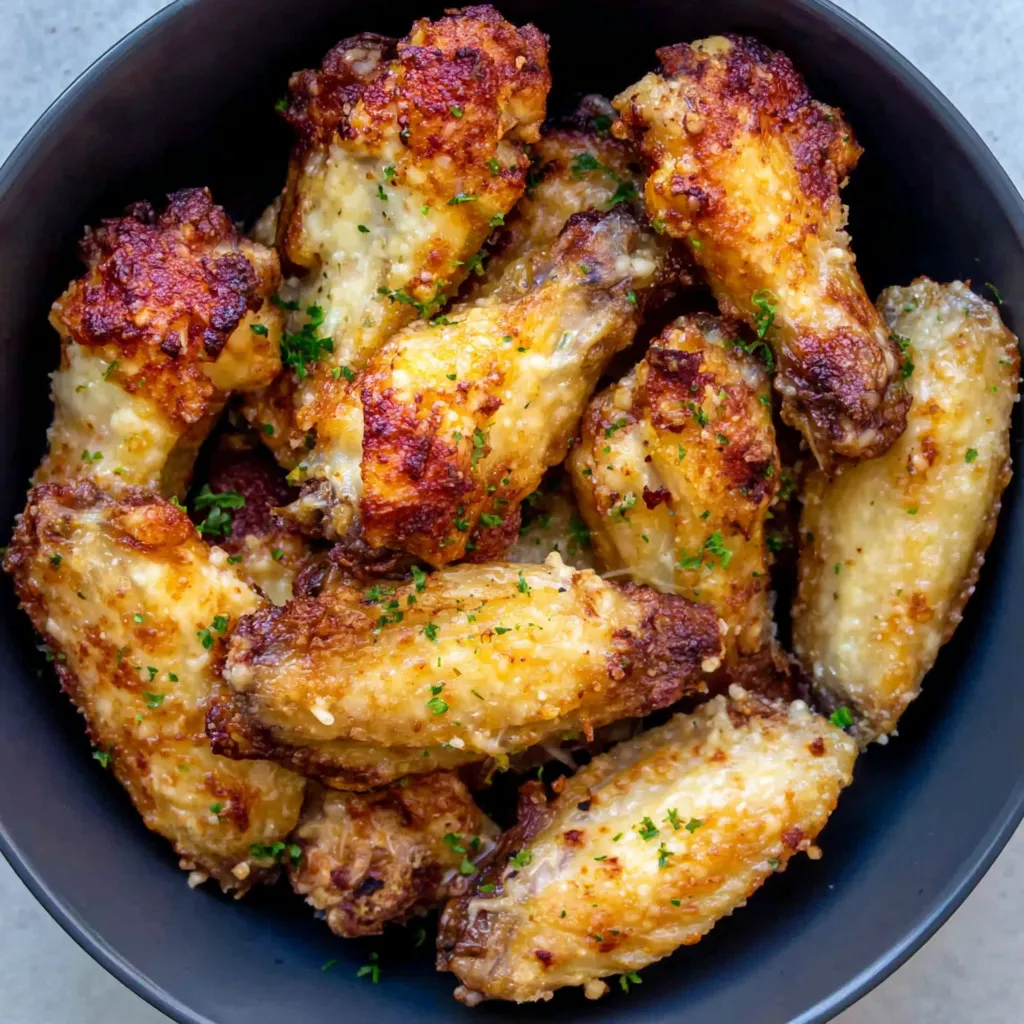 A bowl of garlic parmesan wings air fryer.